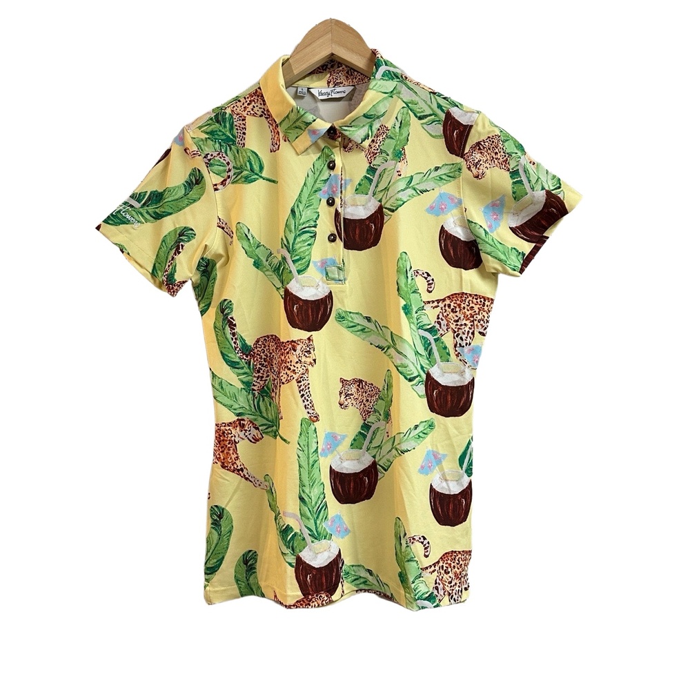 Kenny Flowers Women's Yellow Cheetah Coconut Palm Print‎ Polo Shirt Size L